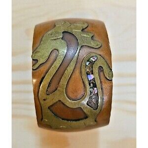 Vintage Handmade Seahorse Cuff Bracelet Copper Brass Abalone Shell Inlay Aztec